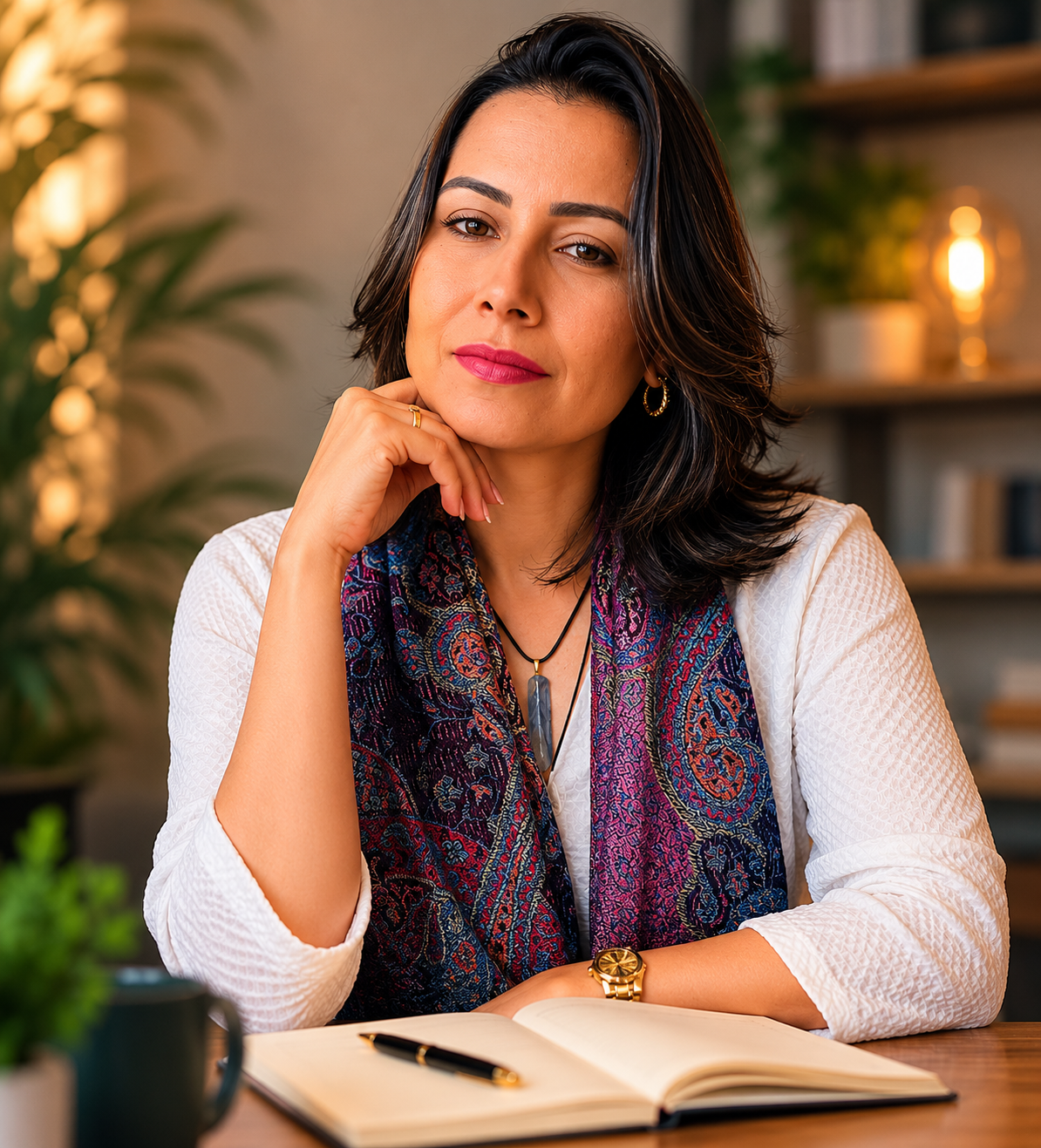Larissa Barreto em ambiente acolhedor com caderno aberto