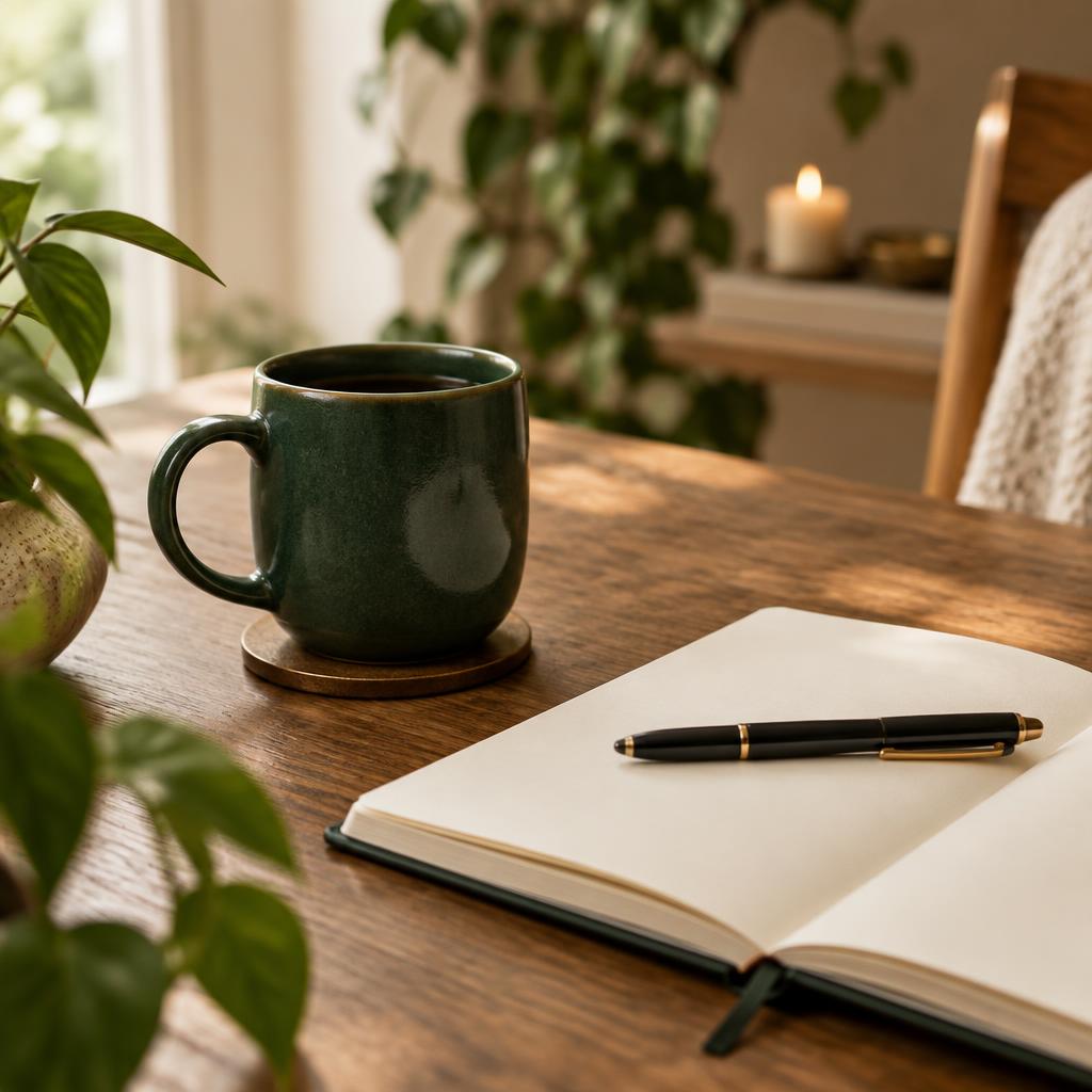 Caderno aberto, caneca verde e plantas em ambiente iluminado naturalmente